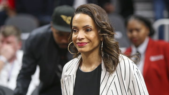 Dec 27, 2019; Atlanta, Georgia, USA; Sports commentator Elle Duncan in the stands during a game between the Milwaukee Bucks and Atlanta Hawks at halftime at State Farm Arena. Mandatory Credit: Brett Davis-Imagn Images
