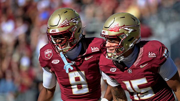 Sep 26, 2026; Tallahassee, Florida, USA;  Florida State Seminoles wide receivers Micahi Danzy (8) and Jayvan Boggs (15) celebrate a touchdown during the second half against the Central Arkansas Bears at Doak S. Campbell Stadium.  Mandatory Credit: Melina Myers-Imagn Images