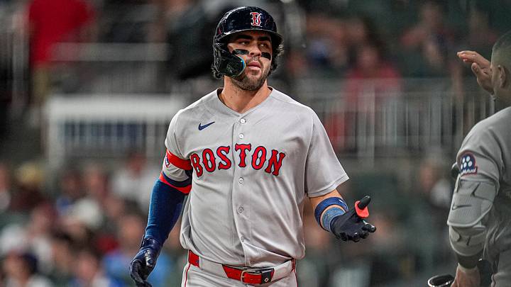 May 15, 2026; Cumberland, Georgia, USA; Boston Red Sox second baseman Marcelo Mayer (11) reacts after hitting a home run against the Atlanta Braves during the seventh inning at Truist Park. Mandatory Credit: Dale Zanine-Imagn Images