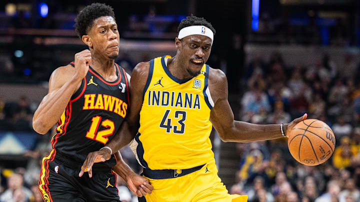 Apr 14, 2024; Indianapolis, Indiana, USA; Indiana Pacers forward Pascal Siakam (43) dribbles the