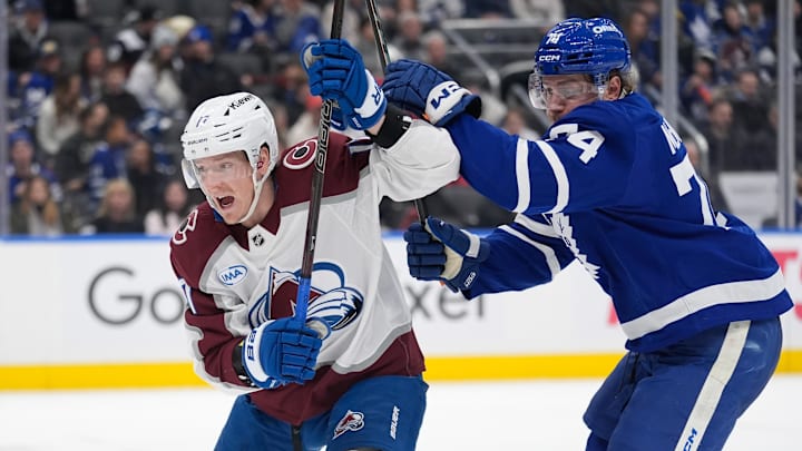 Jan 25, 2026; Toronto, Ontario, CAN; Colorado Avalanche forward Parker Kelly (17) and Toronto Maple Leafs forward Bobby McMann (74) battle for position at Scotiabank Arena. Mandatory Credit: John E. Sokolowski-Imagn Images Jan 25, 2026; Toronto, Ontario, CAN; Colorado Avalanche forward Parker Kelly (17) and Toronto Maple Leafs forward Bobby McMann (74) battle for position at Scotiabank Arena. Mandatory Credit: John E. Sokolowski-Imagn Images