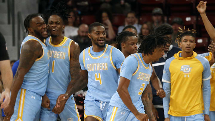 Dec 3, 2023; Starkville, Mississippi, USA; Southern Jaguars guard Tai'Reon Joseph (3) reacts with