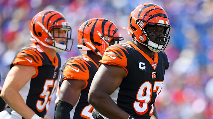 Sep 22, 2019; Orchard Park, NY, USA; Cincinnati Bengals defensive tackle Geno Atkins (97) jogs off the field following his sack of Buffalo Bills quarterback Josh Allen (not pictured) during the first quarter at New Era Field. Mandatory Credit: Rich Barnes-Imagn Images