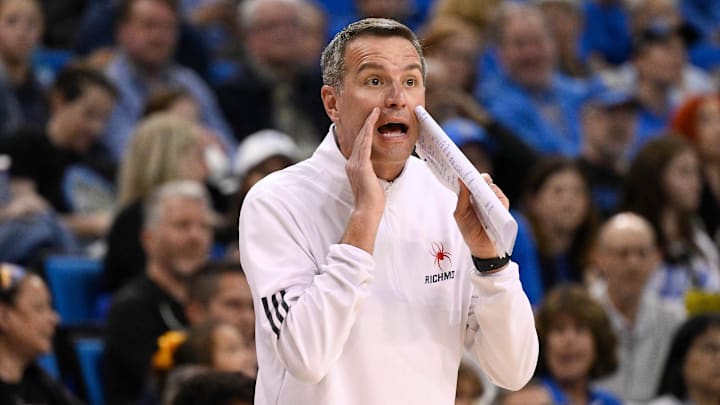 Mar 23, 2025; Los Angeles, California, USA; Richmond Spiders head coach Aaron Roussell during an NCAA Tournament second round game against the UCLA Bruins at Pauley Pavilion presented by Wescom. Mandatory Credit: Robert Hanashiro-Imagn Images