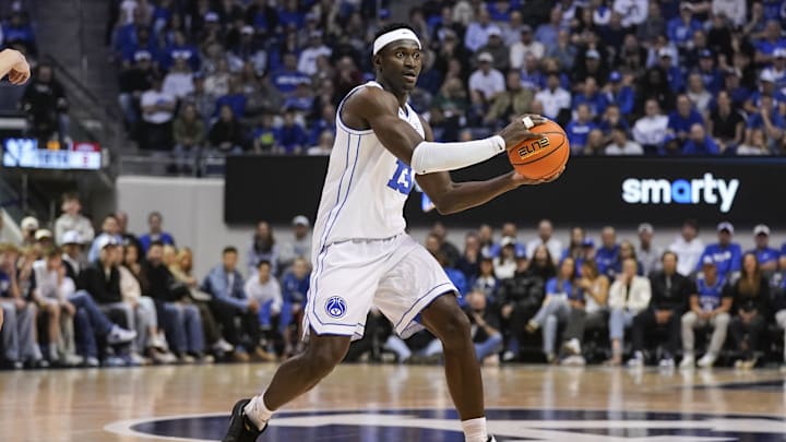Feb 21, 2026; Provo, Utah, USA; BYU Cougars forward Keba Keita (13) controls the ball during the first half against the Iowa State Cyclones at Marriott Center. Mandatory Credit: Aaron Baker-Imagn Images