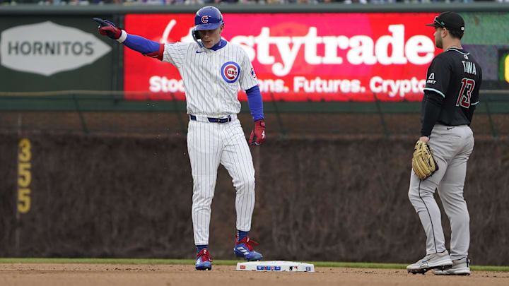 Chicago Cubs outfielder Pete Crow-Armstrong (4) gestures after hitting a double against the Arizona Diamondbacks during the eighth inning at Wrigley Field on April 19.