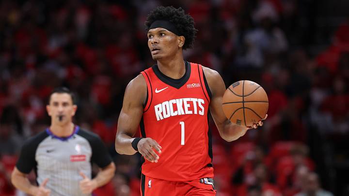 Apr 24, 2026; Houston, Texas, USA; Houston Rockets guard/forward Amen Thompson (1) controls the ball during the first quarter against the Los Angeles Lakers during game three of the first round of the 2026 NBA Playoffs at Toyota Center. Mandatory Credit: Troy Taormina-Imagn Images Apr 24, 2026; Houston, Texas, USA; Houston Rockets guard/forward Amen Thompson (1) controls the ball during the first quarter against the Los Angeles Lakers during game three of the first round of the 2026 NBA Playoffs at Toyota Center. Mandatory Credit: Troy Taormina-Imagn Images