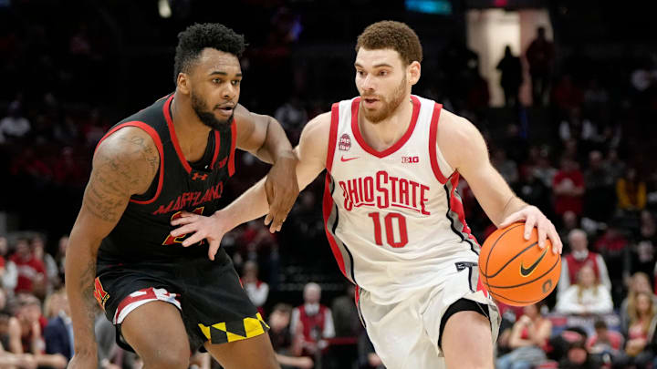 Feb. 10, 2024; Columbus, Ohio, USA; 
Ohio State Buckeyes forward Jamison Battle (10) is guarded by