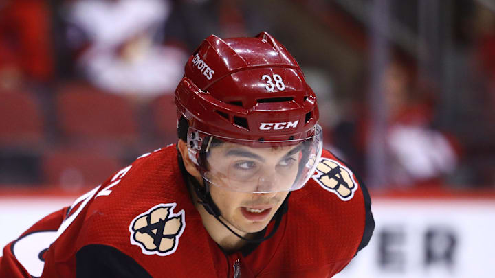 Dec 19, 2017; Glendale, AZ, USA; Arizona Coyotes right wing Nick Merkley against the Florida Panthers at Gila River Arena. Mandatory Credit: Mark J. Rebilas-Imagn Images