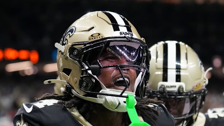 Oct 5, 2025; New Orleans, Louisiana, USA; New Orleans Saints cornerback Kool-Aid McKinstry (4) celebrates after an interception against the New York Giants during the fourth quarter at Caesars Superdome. 