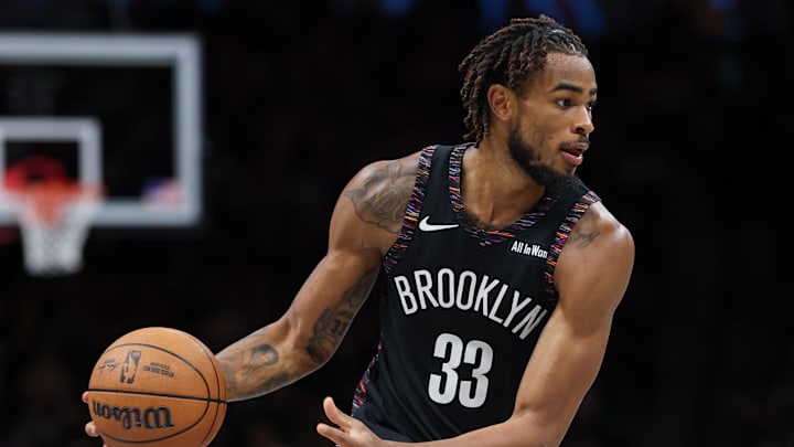 Nov 24, 2025; Brooklyn, New York, USA; Brooklyn Nets center Nic Claxton (33) dribbles during the second half against the New York Knicks at Barclays Center. Mandatory Credit: Vincent Carchietta-Imagn Images Nov 24, 2025; Brooklyn, New York, USA; Brooklyn Nets center Nic Claxton (33) dribbles during the second half against the New York Knicks at Barclays Center. Mandatory Credit: Vincent Carchietta-Imagn Images