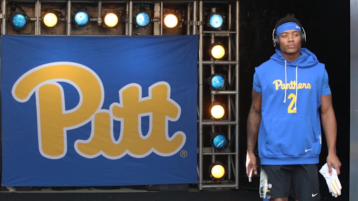 Aug 30, 2025; Pittsburgh, Pennsylvania, USA;  Pittsburgh Panthers wide receiver Kenny Johnson (2) takes the field to warm up against the Duquesne Dukes at Acrisure Stadium. Mandatory Credit: Charles LeClaire-Imagn Images