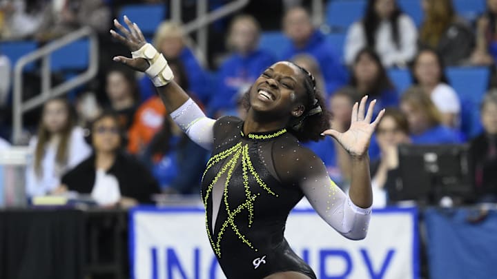 Mar 30, 2023; Los Angeles, CA, USA;  Amari Celestine of Missouri competes in the floor exercise during the NCAA Women   s Gymnastics Los Angeles Regional at Pauley Pavilion. Mandatory Credit: Robert Hanashiro-Imagn Images