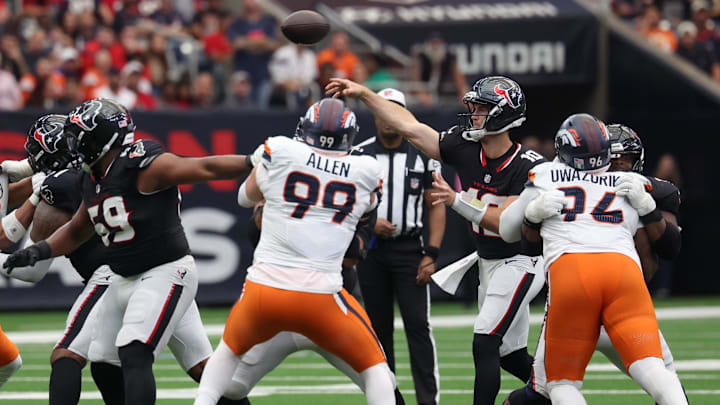 Nov 2, 2025; Houston, Texas, USA; Houston Texans quarterback Davis Mills (10) throws during the first half against the Denver Broncos at NRG Stadium. Mandatory Credit: Thomas Shea-Imagn Images