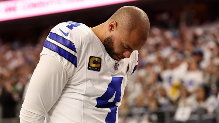 Jan 14, 2024; Arlington, Texas, USA; Dallas Cowboys quarterback Dak Prescott (4) before the 2024 NFC