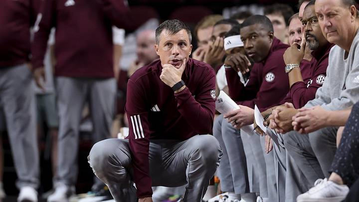 Nov 25, 2025; College Station, Texas, USA; Texas A&M Aggies head coach Bucky McMillan looks on during the second half against the Mississippi Valley State Delta Devils at Reed Arena. Mandatory Credit: Maria Lysaker-Imagn Images 