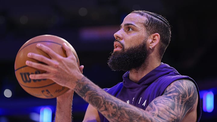 Apr 6, 2025; New York, New York, USA; Phoenix Suns forward Cody Martin (17) warms up before the game against the New York Knicks at Madison Square Garden. Mandatory Credit: Vincent Carchietta-Imagn Images