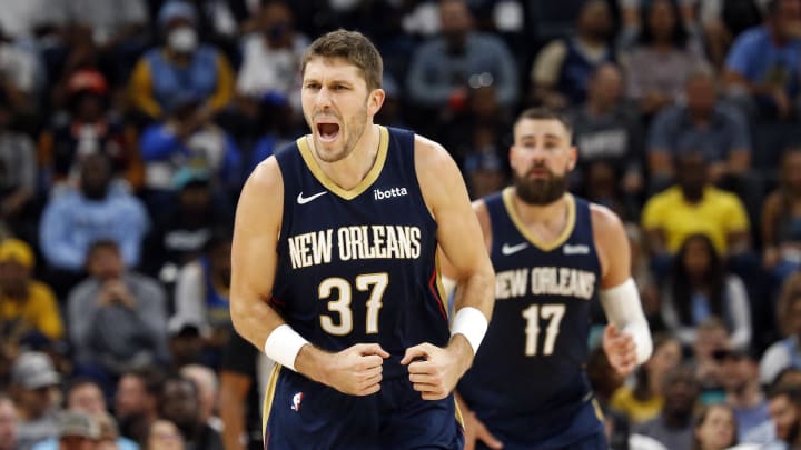 Oct 25, 2023; Memphis, Tennessee, USA; New Orleans Pelicans forward Matt Ryan (37) reacts after a basket during the first half against the Memphis Grizzlies at FedExForum. Mandatory Credit: Petre Thomas-USA TODAY Sports
