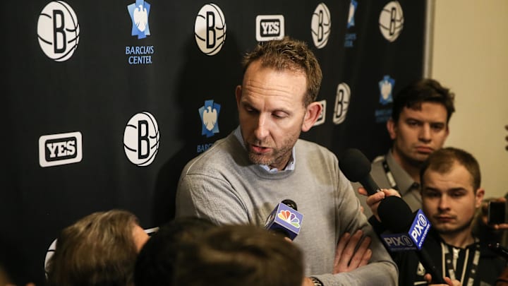 Feb 9, 2023; Brooklyn, New York, USA;  Brooklyn Nets General Manager Sean Marks addresses the media prior to the game against the Chicago Bulls at Barclays Center. Mandatory Credit: Wendell Cruz-USA TODAY Sports