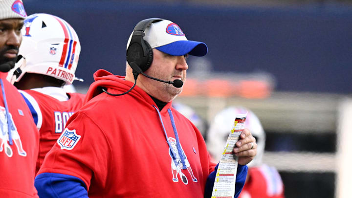 Dec 1, 2024; Foxborough, Massachusetts, USA; New England Patriots offensive coordinator Alex Van Pelt works on the sideline during the second half against the New England Patriots at Gillette Stadium. Mandatory Credit: Eric Canha-Imagn Images