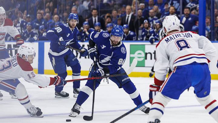 May 3, 2026; Tampa, Florida, USA; Tampa Bay Lightning forward Nikita Kucherov (86) skates between Montreal Canadiens forward Cole Caufield (13) and defenseman Mike Matheson (8) during the first period in game seven of the first round of the 2026 Stanley Cup Playoffs at Benchmark International Arena. Mandatory Credit: Morgan Tencza-Imagn Images May 3, 2026; Tampa, Florida, USA; Tampa Bay Lightning forward Nikita Kucherov (86) skates between Montreal Canadiens forward Cole Caufield (13) and defenseman Mike Matheson (8) during the first period in game seven of the first round of the 2026 Stanley Cup Playoffs at Benchmark International Arena. Mandatory Credit: Morgan Tencza-Imagn Images