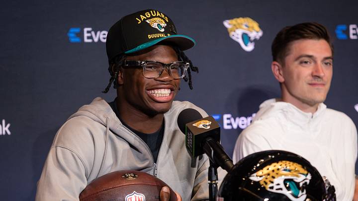 Apr 25, 2025; Jacksonville, FL, USA; Jacksonville Jaguars first round draft pick Travis Hunter talks to the media during a press conference at Miller Electric Center. Mandatory Credit: Travis Register-Imagn Images Apr 25, 2025; Jacksonville, FL, USA; Jacksonville Jaguars first round draft pick Travis Hunter talks to the media during a press conference at Miller Electric Center. Mandatory Credit: Travis Register-Imagn Images