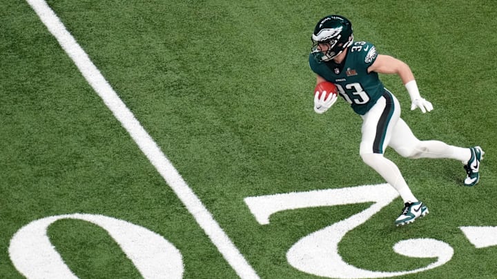 Feb 9, 2025; New Orleans, LA, USA; Philadelphia Eagles cornerback Cooper DeJean (33) returns a punt return against the Kansas City Chiefs during the first quarter in Super Bowl LIX at Caesars Superdome. Mandatory Credit: Kirby Lee-Imagn Images