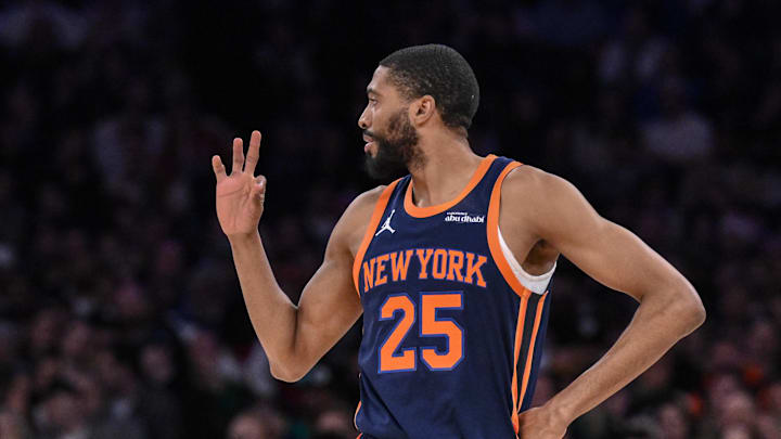 New York Knicks forward Mikal Bridges during the first half against the Boston Celtics at Madison Square Garden. Mandatory Credit: John Jones-Imagn Images