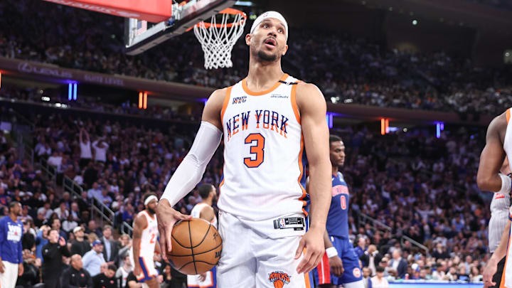 Apr 29, 2025; New York, New York, USA; New York Knicks guard Josh Hart (3) reacts to a call in the fourth quarter against the Detroit Pistons during game five of first round for the 2025 NBA Playoffs at Madison Square Garden. Mandatory Credit: Wendell Cruz-Imagn Images