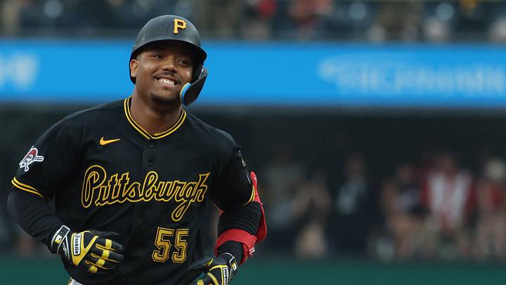 Jun 27, 2026; Pittsburgh, Pennsylvania, USA;  Pittsburgh Pirates pinch Esmerlyn Valdez (55) circles the bases on a solo home run against the Cincinnati Reds during the eighth inning at PNC Park. Mandatory Credit: Charles LeClaire-Imagn Images