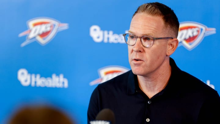 Sam Presti speaks to the press in Oklahoma City, on Tuesday, May 28, 2024. Sam Presti speaks to the press in Oklahoma City, on Tuesday, May 28, 2024.