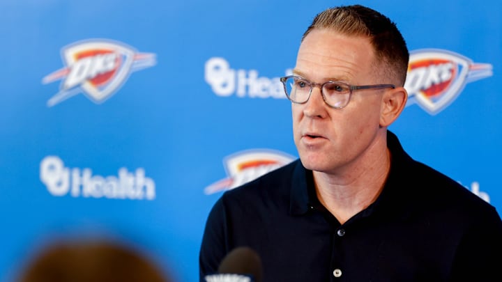 Sam Presti speaks to the press in Oklahoma City, on Tuesday, May 28, 2024. Sam Presti speaks to the press in Oklahoma City, on Tuesday, May 28, 2024.