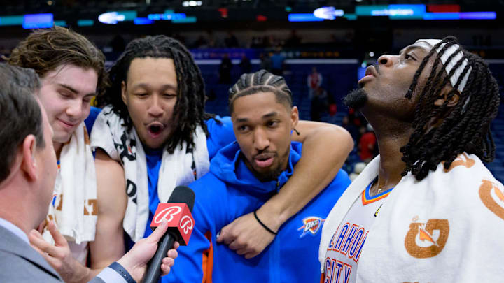 Mar 26, 2024; New Orleans, Louisiana, USA; Oklahoma City Thunder guard Luguentz Dort (5), right,