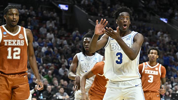 Mar 19, 2026; Portland, OR, USA; BYU Cougars forward AJ Dybantsa (3) reacts after a play in the first half against the Texas Longhorns during a first round game of the men's 2026 NCAA Tournament at Moda Center. Mandatory Credit: Craig Strobeck-Imagn Images Mar 19, 2026; Portland, OR, USA; BYU Cougars forward AJ Dybantsa (3) reacts after a play in the first half against the Texas Longhorns during a first round game of the men's 2026 NCAA Tournament at Moda Center. Mandatory Credit: Craig Strobeck-Imagn Images