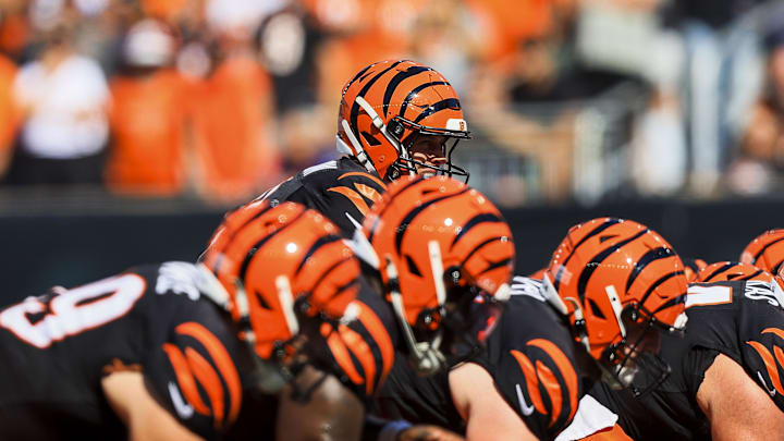 Oct 6, 2024; Cincinnati, Ohio, USA; Cincinnati Bengals quarterback Joe Burrow (9) snaps the ball in the first half against the Baltimore Ravens at Paycor Stadium. Mandatory Credit: Katie Stratman-Imagn Images