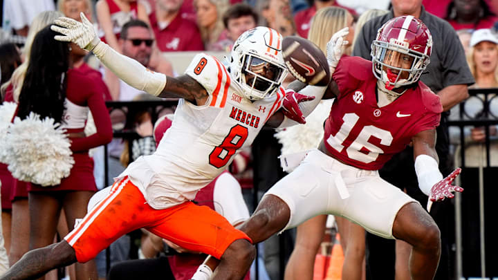 Nov 16, 2024; Tuscaloosa, AL, USA; Mercer cornerback TJ Moore (8) defends as a pass intended for Alabama Crimson Tide wide receiver Jaren Hamilton (16) falls incomplete at Bryant-Denny Stadium. Alabama defeated Mercer 52-7. Mandatory Credit: Gary Cosby Jr.-Tuscaloosa News