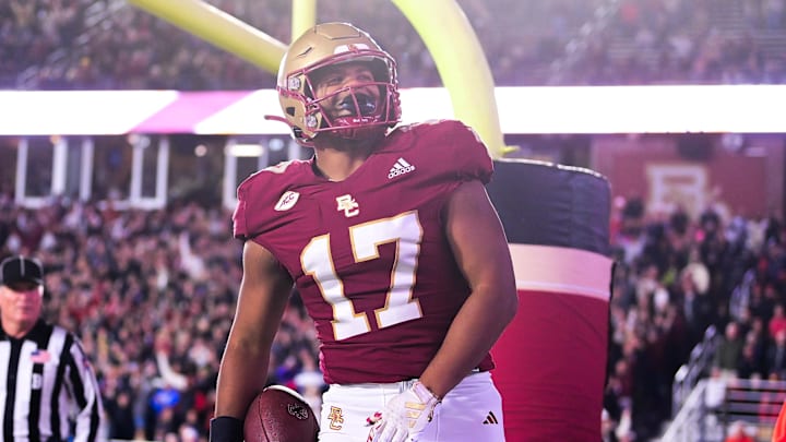 Oct 25, 2024; Chestnut Hill, Massachusetts, USA; Boston College Eagles tight end Jeremiah Franklin (17) reacts to his touchdown against the Louisville Cardinals during the second half at Alumni Stadium. Mandatory Credit: Eric Canha-Imagn Images