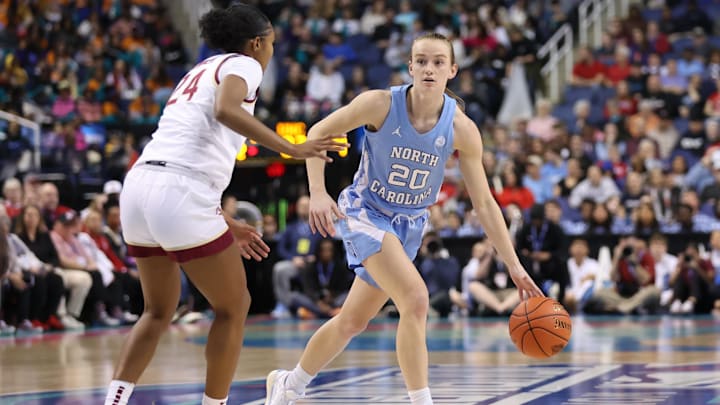 Mar 7, 2025; Greensboro, NC, USA;  North Carolina Tar Heels guard Lexi Donarski (20) sets the play during the second quarter at First Horizon Coliseum. Mandatory Credit: Cory Knowlton-Imagn Images