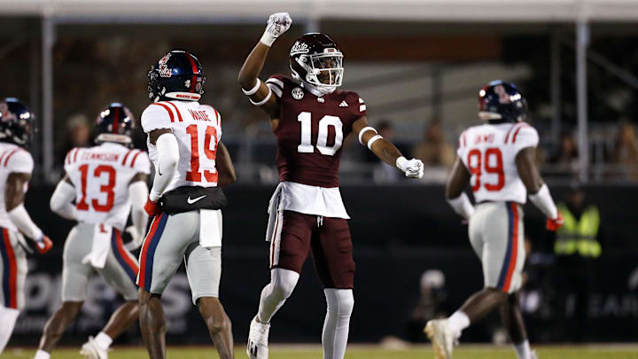 Mississippi State Bulldogs defensive back Corey Ellington (10) reacts after a defensive stop during the first half against the Mississippi Rebels at Davis Wade Stadium at Scott Field.