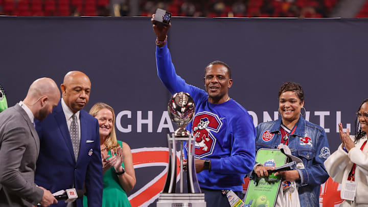 Dec 13, 2025; Atlanta, GA, USA; South Carolina State Bulldogs head coach Chennis Berry celebrates after a victory over the Prairie View A&M Panthers in quadruple overtime of the Celebration Bowl at Mercedes-Benz Stadium. Mandatory Credit: Brett Davis-Imagn Images
