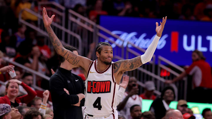 Apr 4, 2025; Houston, Texas, USA; Houston Rockets guard Jalen Green (4) reacts after a made basket against the Oklahoma City Thunder during the fourth quarter at Toyota Center. Mandatory Credit: Erik Williams-Imagn Images Apr 4, 2025; Houston, Texas, USA; Houston Rockets guard Jalen Green (4) reacts after a made basket against the Oklahoma City Thunder during the fourth quarter at Toyota Center. Mandatory Credit: Erik Williams-Imagn Images