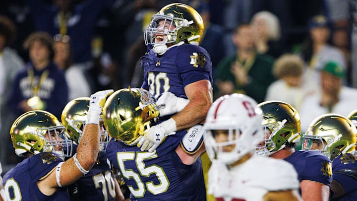 Notre Dame running back Aneyas Williams (20) gets hoisted in the air after scoring a touchdown during a NCAA college football game between Notre Dame and Stanford at Notre Dame Stadium on Saturday, Oct. 12, 2024, in South Bend.