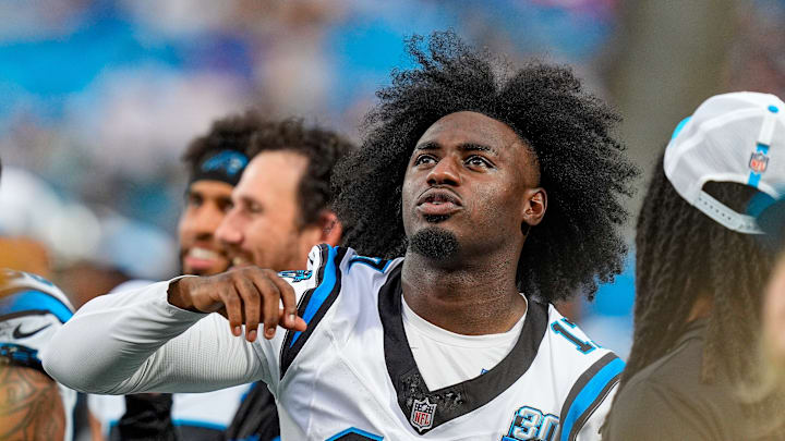 Aug 17, 2024; Charlotte, North Carolina, USA; Carolina Panthers wide receiver Xavier Legette (17) during the first quarter against the New York Jets at Bank of America Stadium.