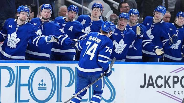 Jan 6, 2026; Toronto, Ontario, CAN; Toronto Maple Leafs center Bobby McMann (74) celebrates at the bench after scoring an empty net goal against the Florida Panthers during the third period at Scotiabank Arena. Mandatory Credit: Nick Turchiaro-Imagn Images Jan 6, 2026; Toronto, Ontario, CAN; Toronto Maple Leafs center Bobby McMann (74) celebrates at the bench after scoring an empty net goal against the Florida Panthers during the third period at Scotiabank Arena. Mandatory Credit: Nick Turchiaro-Imagn Images