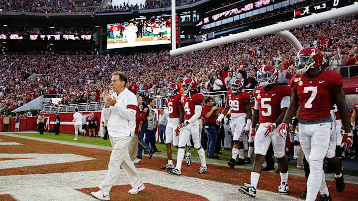 Coach Nick Saban leads the Crimson Tide onto the field before Alabama's homecoming game against Arkansas in Bryant-Denny Stadium Saturday, Oct. 26, 2019. The University of Alabama has renamed the playing surface in honor of legendary coach Nick Saban.