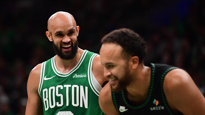Mar 22, 2026; Boston, Massachusetts, USA; Boston Celtics guard Derrick White (9) has a laugh with Minnesota Timberwolves forward Kyle Anderson (12) during the first half at TD Garden. Mandatory Credit: Bob DeChiara-Imagn Images Mar 22, 2026; Boston, Massachusetts, USA; Boston Celtics guard Derrick White (9) has a laugh with Minnesota Timberwolves forward Kyle Anderson (12) during the first half at TD Garden. Mandatory Credit: Bob DeChiara-Imagn Images