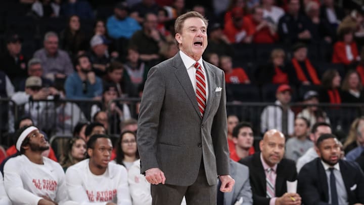 Dec 16, 2023; New York, New York, USA;  St. John's Red Storm head coach Rick Pitino yells out