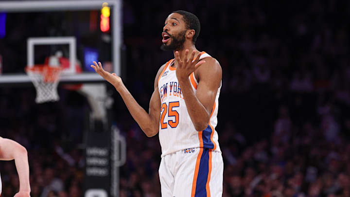 Mar 22, 2025; New York, New York, USA; New York Knicks forward Mikal Bridges (25) reacts after making a three point basket during the first half against the Washington Wizards at Madison Square Garden. Mandatory Credit: Vincent Carchietta-Imagn Images