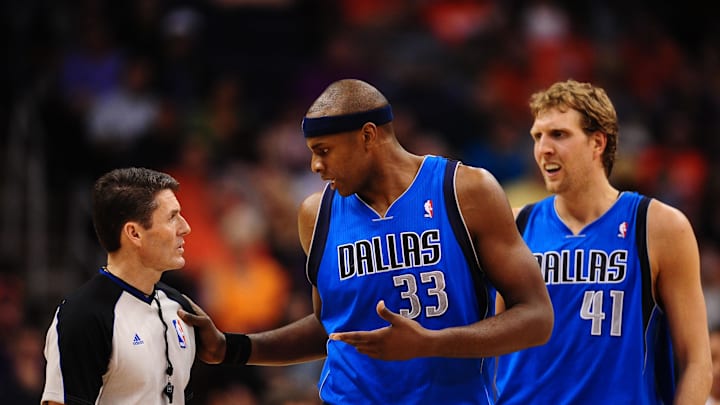Mar. 27, 2011; Phoenix, AZ, USA; NBA referee Scott Foster (left) talks with Dallas Mavericks center (33) Brendan Haywood as forward (41) Dirk Nowitzki looks on against the Phoenix Suns at the US Airways Center. Mandatory Credit: Mark J. Rebilas-Imagn Images Mar. 27, 2011; Phoenix, AZ, USA; NBA referee Scott Foster (left) talks with Dallas Mavericks center (33) Brendan Haywood as forward (41) Dirk Nowitzki looks on against the Phoenix Suns at the US Airways Center. Mandatory Credit: Mark J. Rebilas-Imagn Images