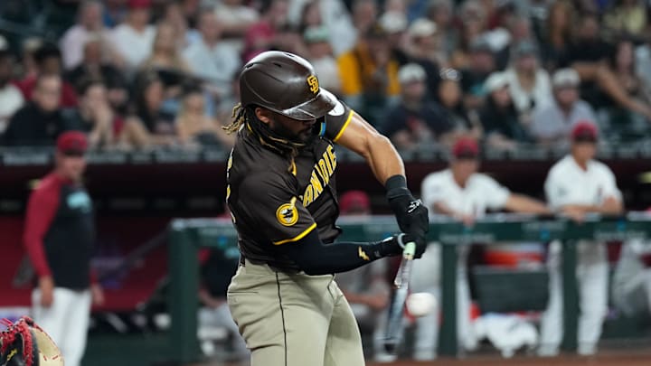 San Diego Padres outfielder Fernando Tatis Jr. (23) bats against the Arizona Diamondbacks during the first inning at Chase Field on Sept 27. San Diego Padres outfielder Fernando Tatis Jr. (23) bats against the Arizona Diamondbacks during the first inning at Chase Field on Sept 27.